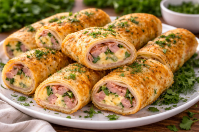 Весенние жареные рулетики из лаваша. Начинка с ветчиной и сыром &mdash; хрустящие снаружи и сочные внутри
