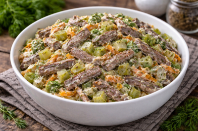 Всей семьей подсели на этот бюджетный салат с печенью &mdash; вкус отменный, заправка подходит для весны